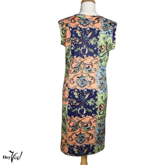 Vintage Mod Sheath Dress Bright Floral Stretch Knit Size Large B36 W36 - Hey Viv - Picture 4 of 6